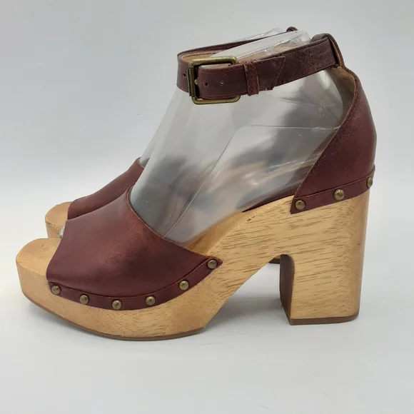 Lucky Brown Nelora Retro Boho Leather Upper Wooden Platform Heel - Picture 2 of 13